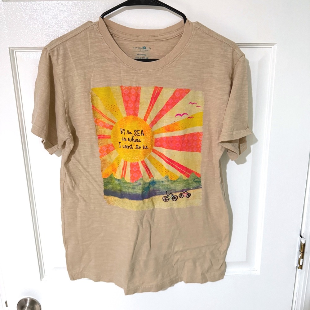 Natural Life By The Sea Graphic Tee Tan Slub Knit Cotton T-Shirt Small